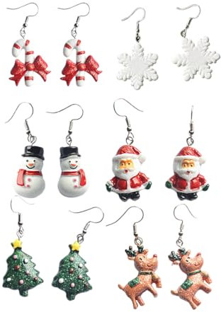 STOBOK 6 Paar Weihnachtsohrringe Weihnachten Ohrschmuck Schneeflocke Nikolaus Weihnachtsbaum Zuckerstangen Rentier Anhänger Mädchen Frauen Damen Kinder Festliche Kostüme Ohrringe Geschenk