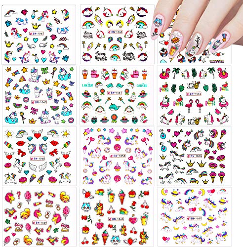12 Blatt Nagelsticker Einhorn, VETPW Nagelaufkleber Wassertransfer Nagel Abziehbilder mit Muster Regenbogen Früchten Flamingo für Nail Art Dekoration, DIY Nagel Tattoo Aufkleber NagelDesign Maniküre