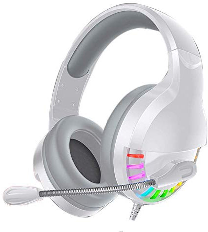 Gaming Headset,Stereo Surround Sound Noise Cancellation Mic In-Line Control,Over-Ear Gaming Headphones LED Light,Compatible With PC/PS4 (Color : White)