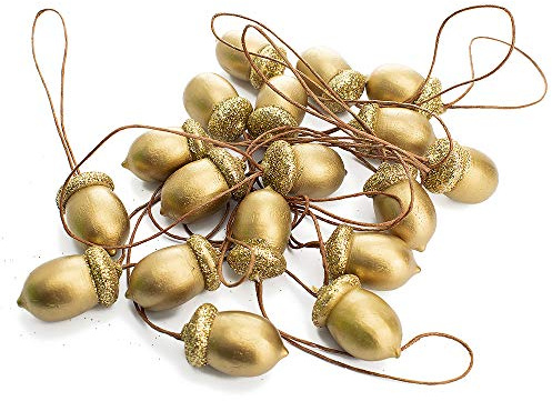 Gisela Graham 18 Wood and Glitter Acorn Hanging Tree Decoration Ornament - Painted Gold