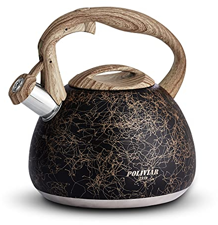 Poliviar Moderne Wasserkessel Induktion, Edelstahl Pfeifkessel, Teekessel für alle Kochplatten, Flötenkessel mit Holzmaserungsgriff, Wasserkocher für Tee & Kaffee, max. 2.7L, Schwarzes Gold