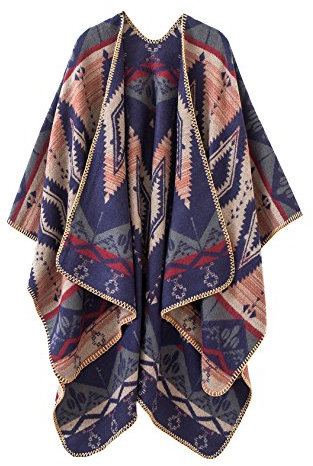 EXCHIC Damen Vintage Farbblocking Schal Wrap Open Front Poncho Übergroße Winterdecke Elegant Cape Coat (Navy Blau-4, One Size)