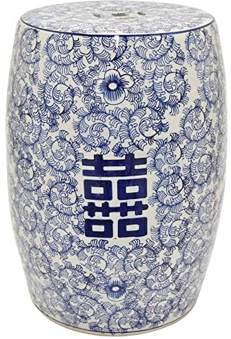 Fine Asianliving Keramik Hocker Blau Weiß Handbemalt Doppeltes Glück D33xH45cm China Keramik Gartenhocker Porzellan Glasierte Keramik Stool Chinesische Hocker Drum Garden Stool