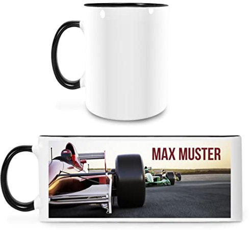 Manutextur Tasse mit Namen - personalisiert - Motiv Rennwagen 03 - viele Farben & Motive - weiß/schwarz - Größe - persönliches Geschenk mit Wunsch-Motiv und Wunsch-Name