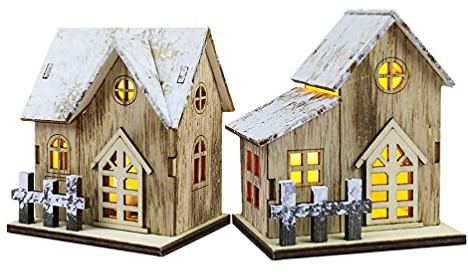 SOLUSTRE LED Weihnachtshäuser Holz Leuchthaus Nachttischlampe: Holz Weihnachtshaus mit Beleuchtung 2 Stücke Winterhaus Schneehaus Miniatur Holzhaus Weihnachtsdeko Weihnachten Party