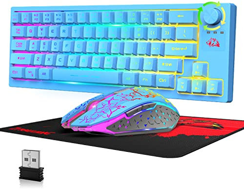 Kit Tastiera e Mouse Gaming Wireless, 2.4G Senza Fili Semi-Meccanica Tastiera di Gioco con Ricevitore USB,4000mAh Ricaricabili,RGB Rainbow Backlit+2400 DPI Mouse Mute+ Mouse Pad per PC Mac-Blu