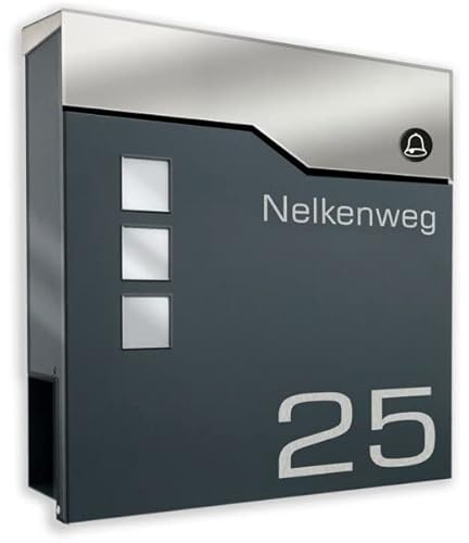 Design-Briefkasten aus pulverbeschichtetem Stahl ANTHRAZIT RAL 7016 mit FUNKKLINGEL und Beschriftung (mit Zeitungsrolle und 3 Sichtfeldern)