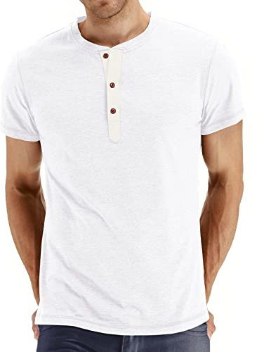 AOTORR Mens Henley Short Sleeve T-Shirt Summer Cotton Casual Shirt AMZ028 White XXL