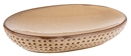 WENKO Seifenablage Bellante, Seifenschale für Feste Stückseifen in ausgefallenem Design, aus hochwertiger Keramik mit glasierter Oberfläche und kleinen Punkten, handbemalt, 13,4 x 2,5 x 9,5 cm, Sand