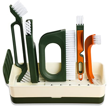 TAGVO Grout Cleaner Brush Set, Household Cleaning Brushes Deep Detail Crevice Cleaner Brush Set Crevice Cleaning Tool 5 in 1, Sink, Drain, Grout Brush Set with Holder for Edge, Crevice Cleaning