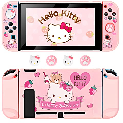 DLseego Housse de Protection pour Switch, Coque Dure pour Switch et Prises de Pouce, Anti-Choc et Anti-Rayures Case pour la Switch Console et Joy-Con Controller - Rose Cute Kitty