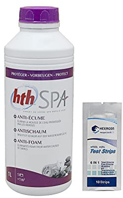 HTH Spa Anti-Ecume Liquide - 1L | Elimine la Mousse/Écume à la Surface de l'eau du Spa + 10 Tests HPS OFFERTS 6 en 1