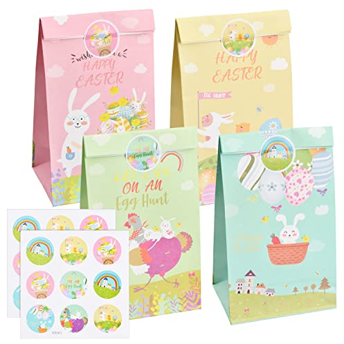 Xzeemo 12 Stück Geschenktüten Ostern, Bunte Papiertüten, Geschenktüten aus Kraftpapier mit Aufkleber, Süßigkeiten Tüten, Partytüte Klein, Papiertüten für Ostern Party Geschenkverpackungen