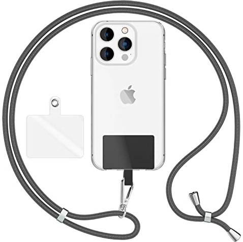 NALIA Universal Handykette für alle Smartphones, Dunkelgrau, Silber Metall | Klebefreie Montage, Reißfestes Nylon-Gewebe, Klarer und farbiger Einleger, Auch für Kamera und Wallet, HOLDME AIR