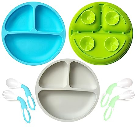 Baby Teller mit Saugnapf Set,Silikon Kinderteller mit Löffel Gabel BPA Frei,Rutschfest Kleinkind mit Unterteilung,Kinder Geschirrset für Kinder Silikon Baby Teller mit Fächern (Blau/Grün/Grau)