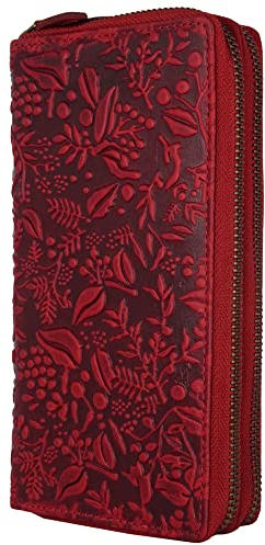 Hill Burry Geldbörse für Damen | XXL Groß Leder Geldbeutel Doppelter Reißverschluss RFID Schutz | Portemonnaie langes Portmonee | 27 Kartenfächer | 20x11x3,5cm (B x H x T) (Rot)
