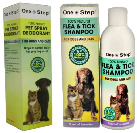 One Step Flea & Tick Shampoo + Deodorant Spray 250ml Bottle for Dogs & Cats 100% Natural, Allergen Free