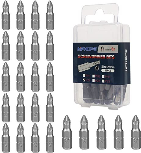 HPHOPE PZ1 Bit x 25mm Length Screwdriver Bits, 1/4 Inch Standard Hex Fitting, 25 Bits per Box