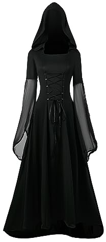 NFAOEGJ Ropa Gótica para Mujer, Vestido de Encaje Con Capucha, Vintage Medieval Atado en la Cintura, Renacentista, para Fiesta Festiva, Cosplay, Disfraz de Halloween