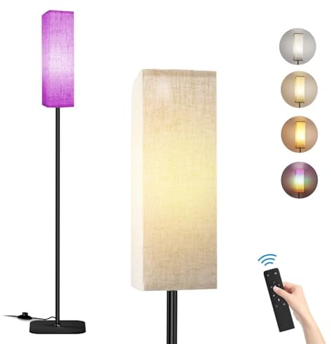 RGB Stehlampe für Wohnzimmer, Minimalismus Stehlampen mit Fernbedienung & Fußschalter, 3 Farben & 8 RGB-Modi Dimmbare Leselampe mit Leinenschirm, Stehlampe LED mit halbe Stunde Timer für Schlafzimmer