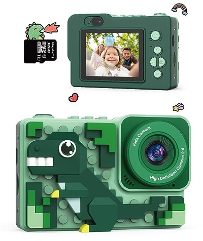Kizeefun Kids Camera, Cartoon Dinosaurs New Building Block Kids Cameras Christmas Birthday Present for Boys Girls Age 3 4 5 6 7 8 9 10 11 12 Years Old, 32GB SD Card Included