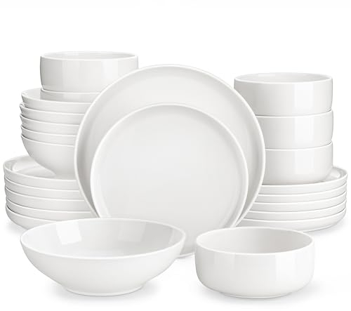 MALACASA Geschirrset 6 Personen, LUNA 24-tlg Tafelservice aus Weißem Porzellan, Modernes Geschirr Set mit je 6 Speiseteller, Dessertteller, Suppenteller und Müslischalen