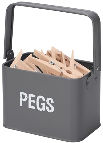 DANIEL JAMES Housewares Peg Storage Tin, Peg Storage Box with Handle, Steel Storage Tub with Handle, Laundry Washing Line Peg Storage, Grey