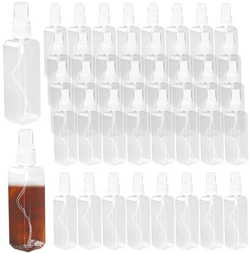 PINGEUI 40 Pcs 100 ml Mini Spray Bottle, Plastic Spray Bottle with Cap, Clear Travel Bottles Fine Mist Small Refillable Containers for Perfumed, Water, Hair, Face, Square