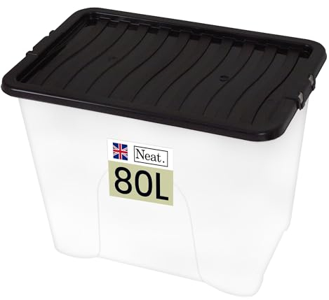 Neat. Plastics 80L Storage Box, Clear Base, Black Lid - Organise Easily with Plastic Storage Box, Ideal Clear Boxes for Storage, Durable Plastic Boxes with Lid, Pack of 1