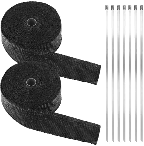 JIEHIN 2 Stück 15m x 5cm Schwarz Hitzeschutzband Auspuff mit 20 Edelstahl Kabelbinder, Hitzeschutzband Basaltfaser Auspuffband Hitzeband Auspuff für Motorrad Fächerkrümmer Krümmerband Thermoband