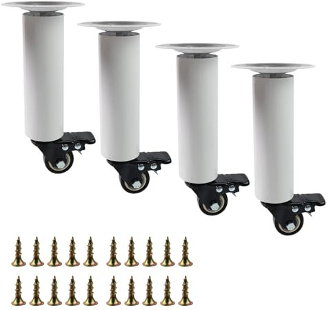 KUMGROT 4 Pcs 6 Length Metal Furniture Legs Industrial Pipe Table Leg Set with Detachable 360 Degrees Swivel Caster Wheels Heavy Duty Replacement Support Leg for Dresser Table Bed Cabinet, White
