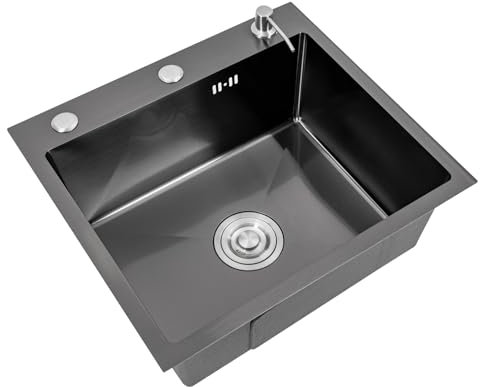 Fregadero empotrable, 40 x 50 cm, color negro, acero inoxidable, 1 plato, fregadero de cocina pequeño con manguera, dispensador de jabón, adecuado para cocinas, cantinas, baños