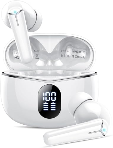 Bluetooth 5.3 Headphones with 4 ENC Noise Cancelling Mic, 40H Playtime, Wireless Earbuds in ear Earphones Deep Bass Stereo, LED Display, IP7 Waterproof, Elegant White