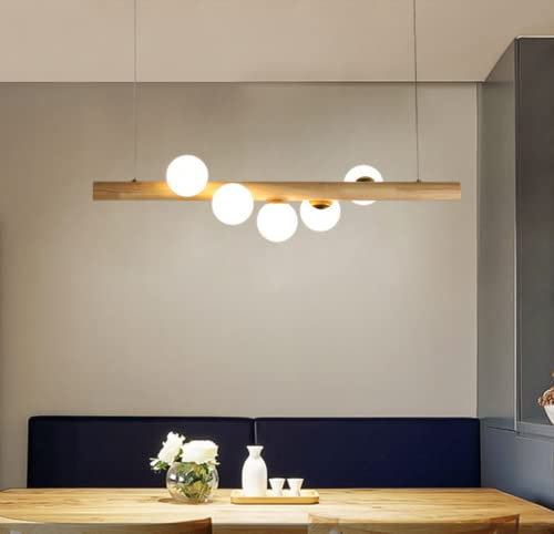SSNCcNC Pendelleuchte Esstisch Büro Holzlampe Retro/Moderne Design Holz Pendellampe 5 Flammig Glas Kugel Hängeleuchte für Hängelampe Esszimmerlampe Arbeitszimmer Wohnzimmer Kronleuchte G9*5