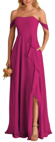 YIAX231 - Vestido de dama de honor con hombros descubiertos para mujer, largo con volantes, abertura y bolsillos, para dama de honor, fucsia, 36