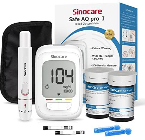 Sinocare Medidor Glucosa en Sangre, Kit Prueba Glucosa en Sangre Glucometro 50 x Tiras Prueba Glucosa en Sangre y Dispositivo de Punción (Safe AQ Pro I)