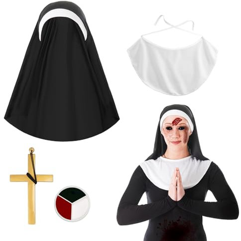4 Stück Halloween Nonne Kostüm Zubehör für Frauen, Nonne Kostüm Hut Nonne Kragen Gold Kreuz Anhänger Halskette Körperbemalung für Halloween Cosplay Party Frauen Fancy Dress Up Requisiten, Nonne Outfit