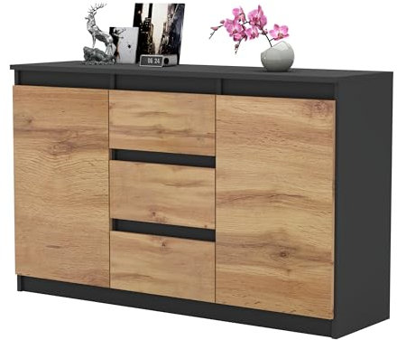 MartHome Moderne Kommode ALEXO - 120cm Breit, 75cm Hoch, 3 Schubladen, 2 Türen, Robuste Laminat-Konstruktion, Vielseitig für Wohnzimmer, Schlafzimmer, Home-Office Anthrazit Matt/Eiche Wotan Front