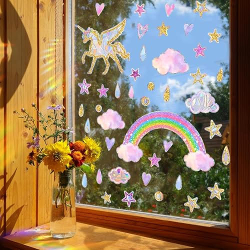 ALEGRE® Einhorn Regenbogen Prisma Fensteraufkleber Vogelschutz, 45 Stk Rainbow Suncatcher Sticker, Einhörner Folie Fenster Anti Kollisions Aufkleber, Sonnenfänger Sticker für Fensterfolie Glasscheiben