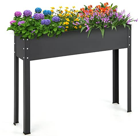 GOPLUS Carré Potager sur Pieds avec Pieds Métalliques, 80cm Jardinière Surélevée avec Trou de Drainage, Design à Ourlet, Conteneur de Jardinage Rectangulaire Extérieur pour Herbes, Légumes, Fleurs