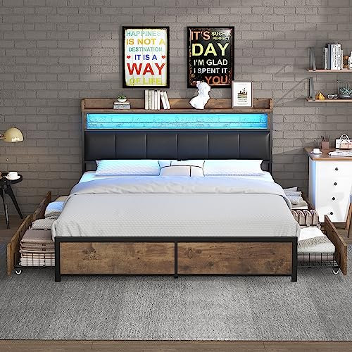 Kebnor Polsterbett mit Lattenrost und Kopfteil, LED-Bett, Jugendbett, mit 4 Schubladen, für Erwachsene & Jugendliche, Aufbewahrungsfunktion, Einfache Montage, PU, schwarz (180 * 200cm)