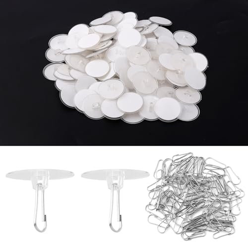 XIHIRCD 100pcs Self Adhesive Ceiling Hooks, Round Wall Hooks No Drill Adhesive Hooks Hanger for Hanging Sticky Detachable Drop Sticker Ceiling Hooks for Hanging Birthday Wedding Decorations