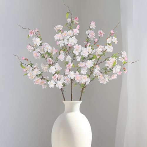 ROLLWAY Lot de 3 Branches de Cerisier artificielles 80cm Fleur Cerisier Japonais Artificiel Cerisier Fausse Fleur Bouquet Decorative pour Décoration d'intérieur, Mariage, Table Blanc Rose