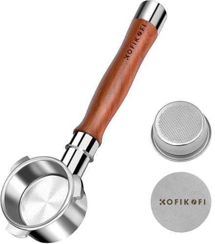KOFIKOFI 54mm Bottomless Portafilter, Walnut Handle 3 Ears Naked Portafilter with Puck Screen, Compatible with Sage Breville Barista Series 500-880, Barista Express, and More 54mm Models
