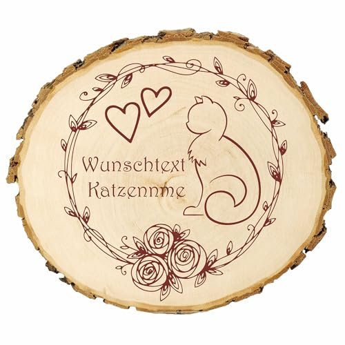 KIWISTAR UG - Baumscheibe 14-16 cm - Katze Herz - personalisiertes Geschenk individuell selbst gestalten - Name - Holzscheibe mit Wunschtext - Naturholz - Geschenk - Türschild