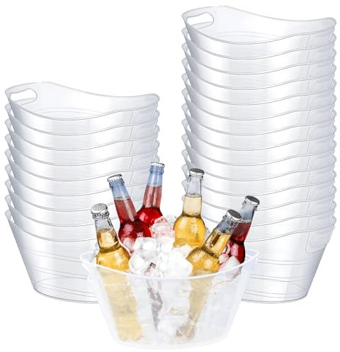 24 Pcs Large Oval Storage Buckets Bulk, 4.5L Plastic Ice Tub with Handles for Wine Beer Champagne, Big Clear Drinks Bucket for Party Bar Birthday Storing Baske