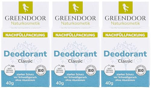 GREENDOOR Deodorant Refill System, 3 * 40g Refills classic, nachfüllbares festes Deo ohne Aluminium, sicherer starker Schutz, vegan, dezenter unisex Duft, plastikfrei