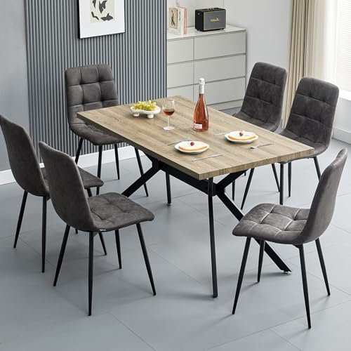 ANVOFONG Esstischgruppe mit 6 braunen Esszimmerstühlen, 140 x 80 x 76 cm Rechteckiger Tisch in Heller Holzfarbe, Esszimmerstühle mit technischem Stoff, geeignet für Küche, Esszimmer und Wohnzimmer.