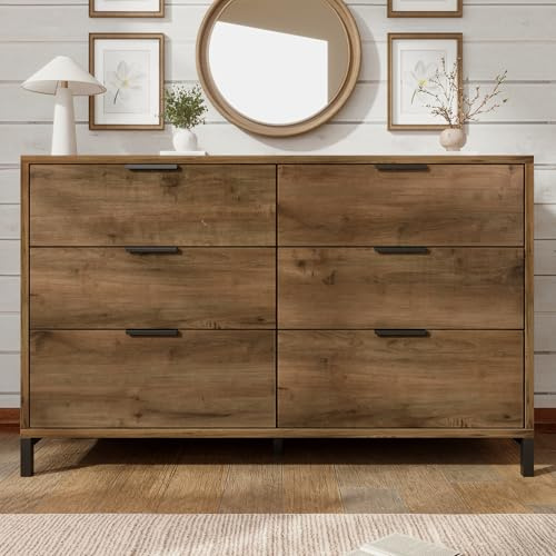 LANTRO JS Oak Sideboard, Sideboard for Living Room, Hallway Cabinet with 6 Drawers, Dark Oak, 40D x 120W x 76H cm