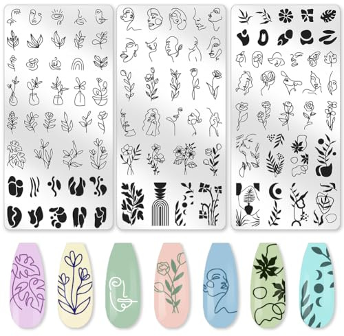 beinkmake 3Pcs Abstract Boho Nail Stamping Plate Set Nagel Stempel Templates French Line Tip Lady Face Leaf Floral Metal Reusable Tools with Stamper Scraper for Manicure Printing